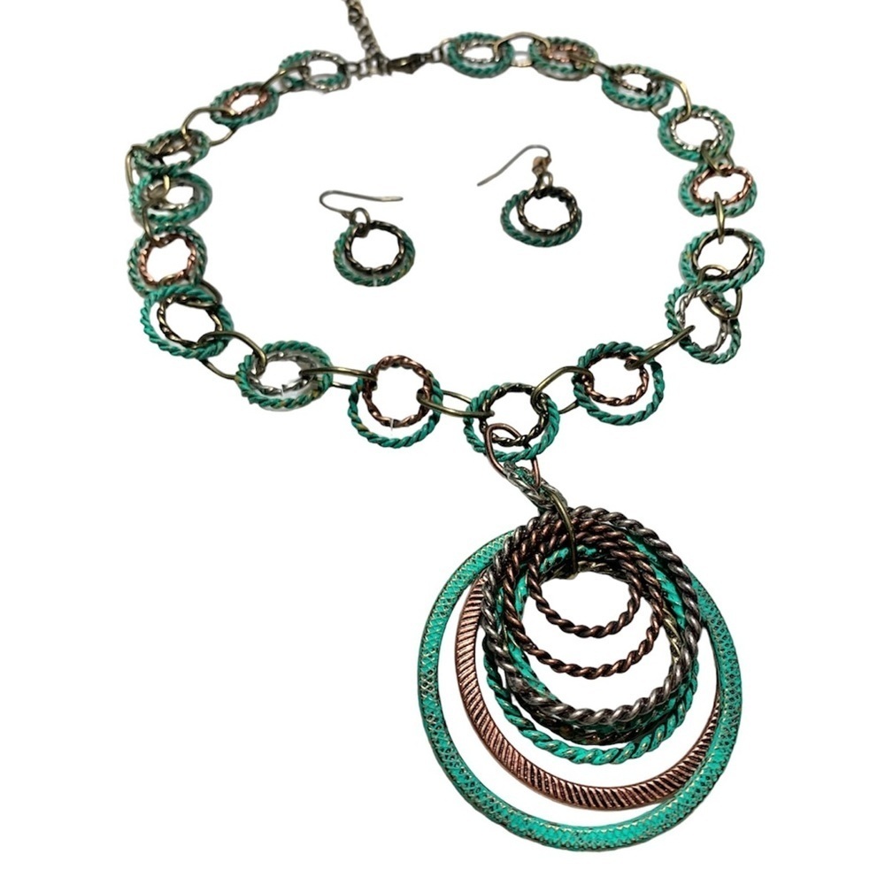 🎒BTS SALE📚 Patina Green Boho Layered Wrap Circle Charm Necklace & Earrings, [2 p - Picture 6 of 7